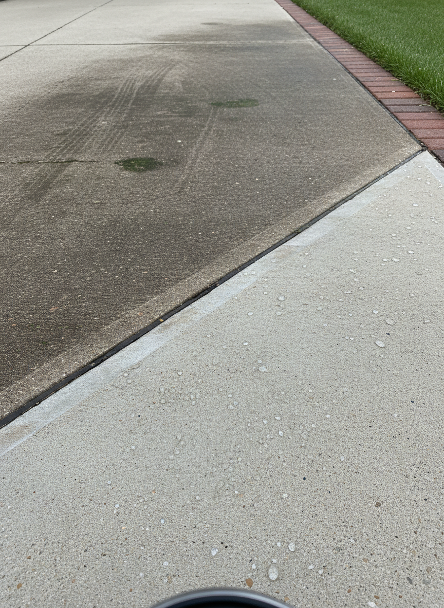 A detailed close-up of a pressure-washed concrete driveway, showing a distinct before-and-after diagonal line. One half is darkened with embedded dirt, mildew, and faint tire marks, while the other half is bright, clean, and uniformly textured, with tiny water beads catching light. A tidy brick border and a trimmed edge of grass frame the concrete. Soft midday overcast light provides even illumination, bringing out the contrast in surface condition without glare. Photographed from a low angle, the camera skims just above the concrete for dramatic perspective, creating a strong, professional visual of cleaning effectiveness in realistic, high-resolution detail.