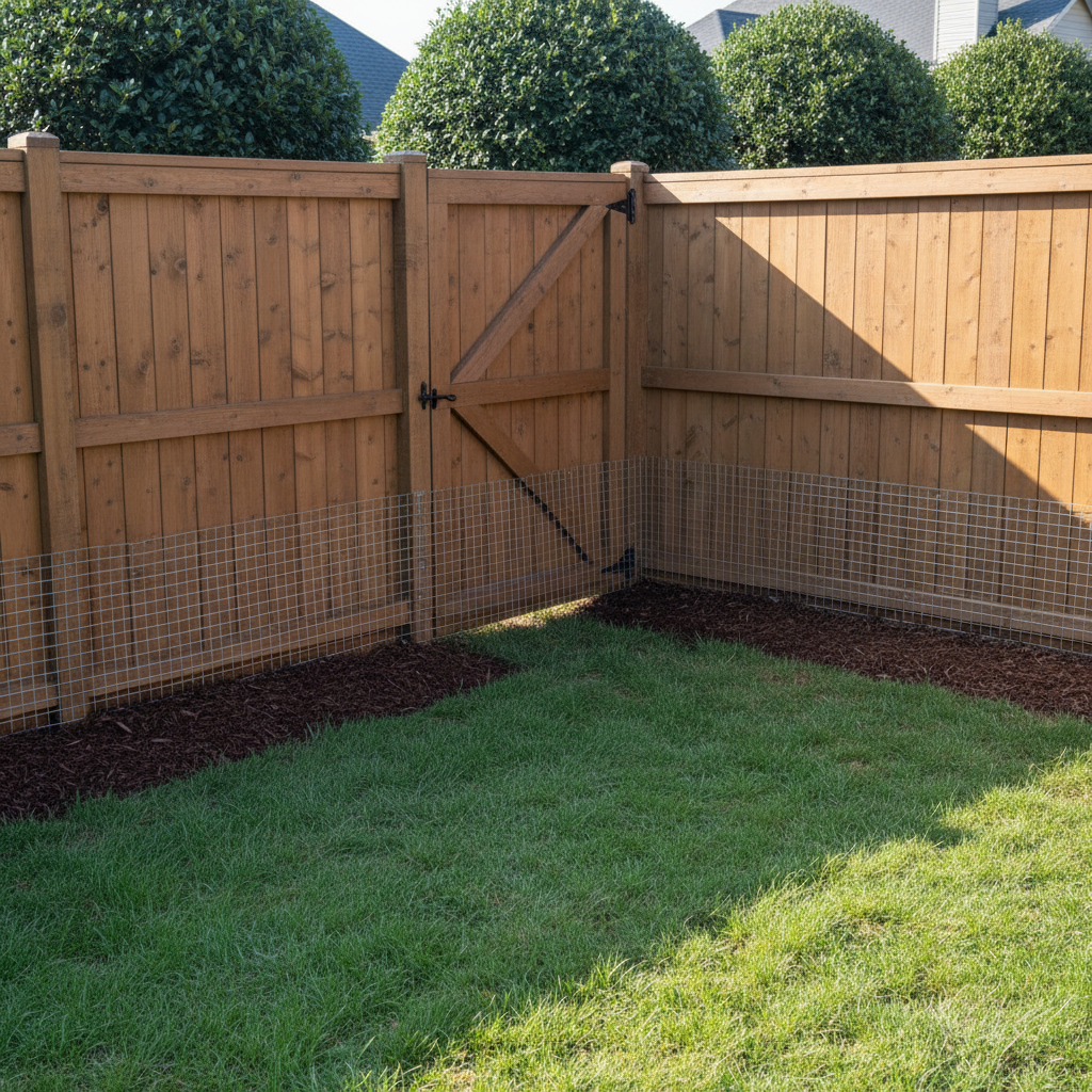 A backyard scene showcasing discreet wildlife-proofing measures: a solid wooden privacy fence with tightly fitted boards, a reinforced gate bottom, and a neatly installed hardware cloth barrier extending into mulch along the perimeter. The grass is even and green, with a few well-maintained shrubs providing structure. Early morning natural light creates a cool, clean ambiance with long, soft shadows stretching across the lawn. Shot from a corner of the yard at eye level, the composition leads the eye along the protected fence line, with sharp focus throughout. The mood is secure and well-managed, emphasizing preventative exterior property solutions in a realistic, professional photographic style.