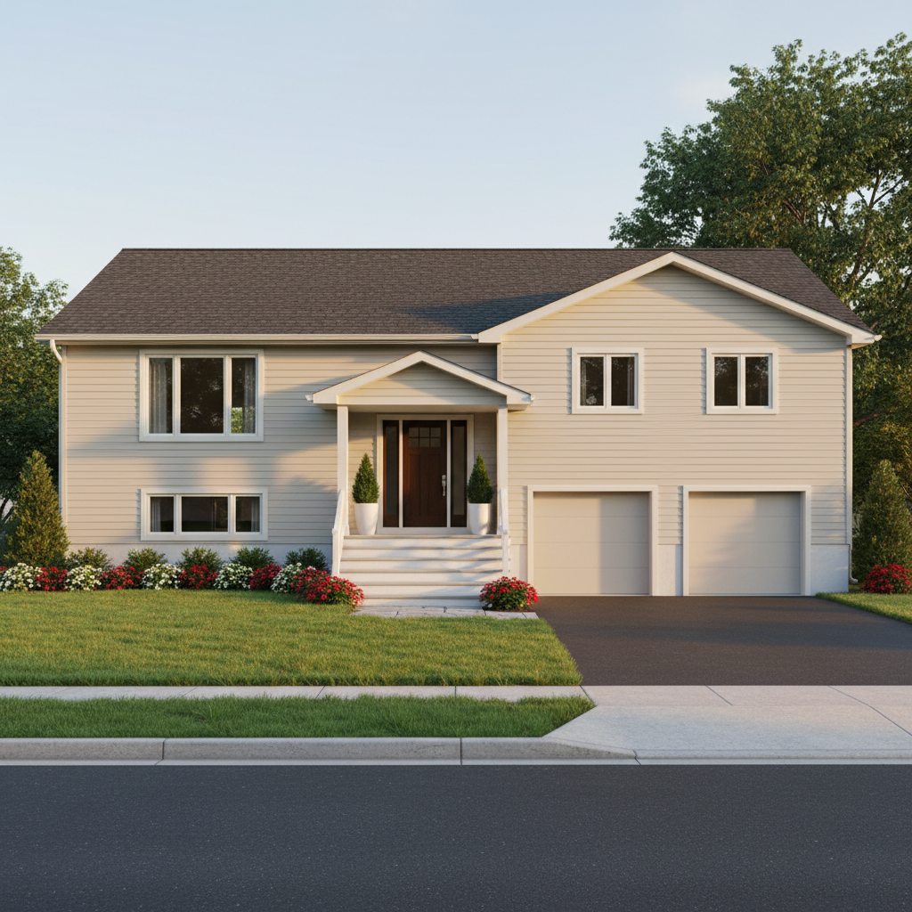 A freshly restored suburban home exterior featuring a clean vinyl siding façade, neatly repaired roofline, and a clutter-free driveway, all designed to showcase curb appeal. The lawn is trimmed, flower beds are defined, and the porch steps are spotless, with no debris or personal items. Soft late afternoon natural light casts gentle, warm highlights on the siding and subtle shadows along the walkway. Photographed from an eye-level angle across the street, the composition follows the rule of thirds, capturing the entire front elevation with crisp, photographic realism. The mood is professional, orderly, and market-ready, ideal for illustrating comprehensive exterior property services without any human presence.