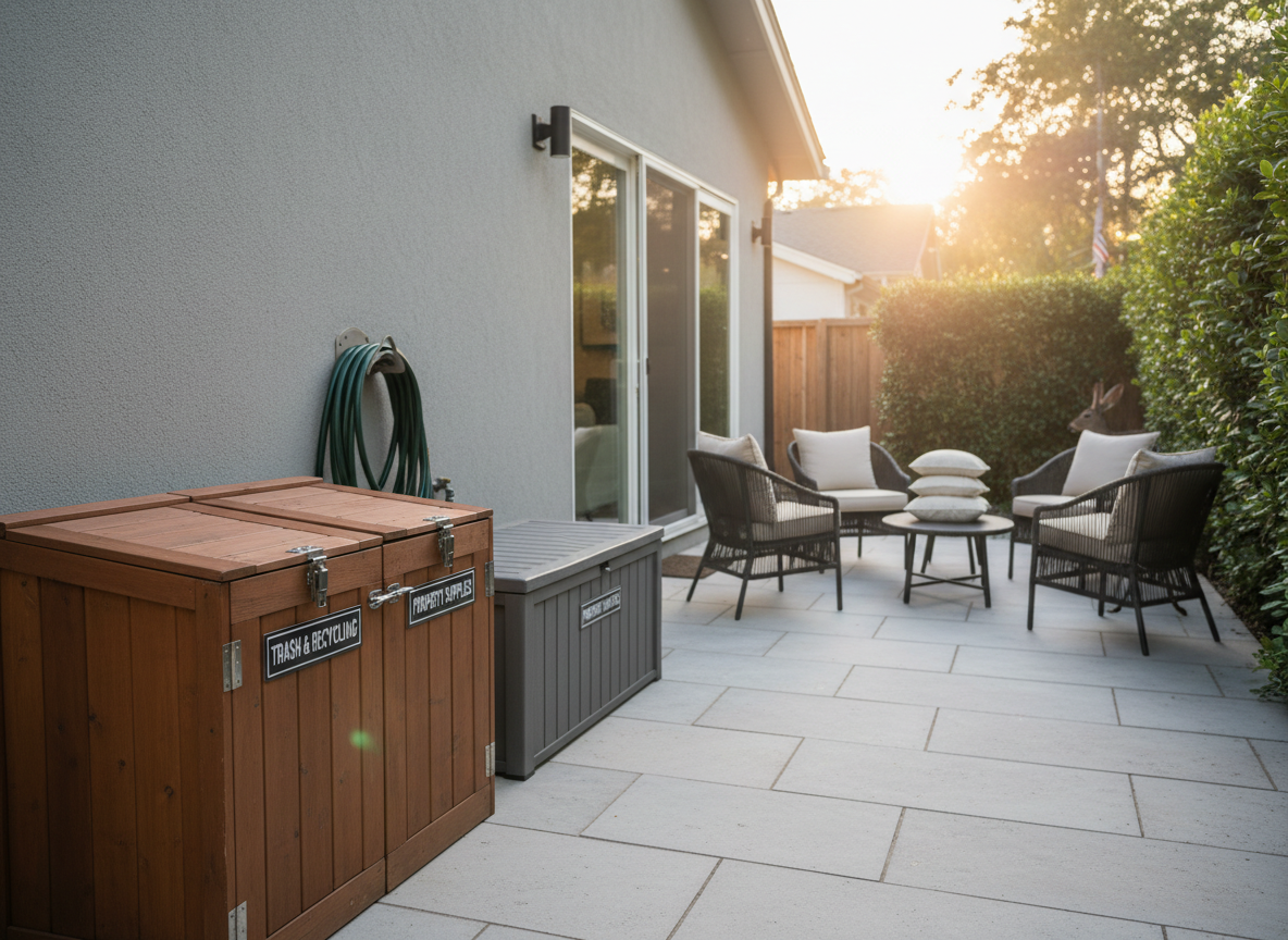 A secluded side yard of an Airbnb-style rental, highlighting discreet wildlife and property response readiness: a secured trash enclosure with latching lids, a neatly coiled garden hose, and a spotless patio with clean outdoor furniture cushions removed to avoid showing seating use. A small, clearly labeled, weatherproof exterior storage box rests against the wall, suggesting organized supplies without opening it. Soft evening light, just before sunset, wraps the scene in a gentle, inviting glow with subtle reflections on a sliding glass door. Photographed at eye level with a slightly shallow depth of field, the focus rests on the secured trash area. The mood is quietly confident, suggesting a professionally managed, guest-ready property.