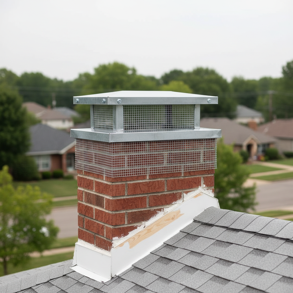 A humane wildlife exclusion scene on a residential roof, focusing on a precisely installed galvanized steel chimney cap and reinforced soffit vents, all clean and securely fastened. Nearby, a neatly sealed former entry point in the fascia board is clearly visible, with matching paint and smooth caulking detail. The background shows a tree-lined neighborhood slightly out of focus. Overcast daylight creates even, diffused lighting with minimal harsh shadows, emphasizing craftsmanship and safety. Captured from a slightly elevated, close-up angle, the image highlights materials and textures with photographic realism. The atmosphere is calm, competent, and reassuring, conveying responsible wildlife prevention without showing any animals or people.