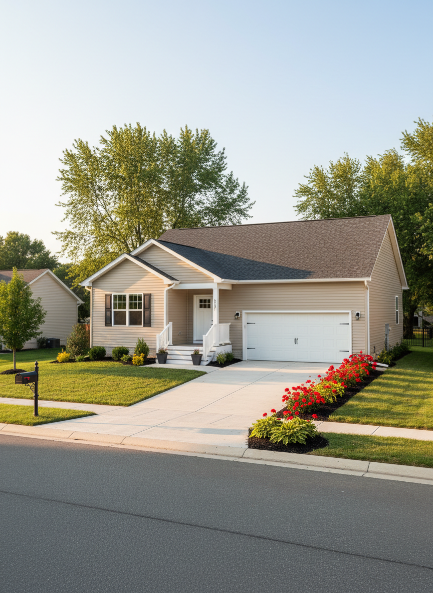 A freshly restored suburban home exterior featuring a clean vinyl siding façade, neatly repaired roofline, and a clutter-free driveway, all designed to showcase curb appeal. The lawn is trimmed, flower beds are defined, and the porch steps are spotless, with no debris or personal items. Soft late afternoon natural light casts gentle, warm highlights on the siding and subtle shadows along the walkway. Photographed from an eye-level angle across the street, the composition follows the rule of thirds, capturing the entire front elevation with crisp, photographic realism. The mood is professional, orderly, and market-ready, ideal for illustrating comprehensive exterior property services without any human presence.