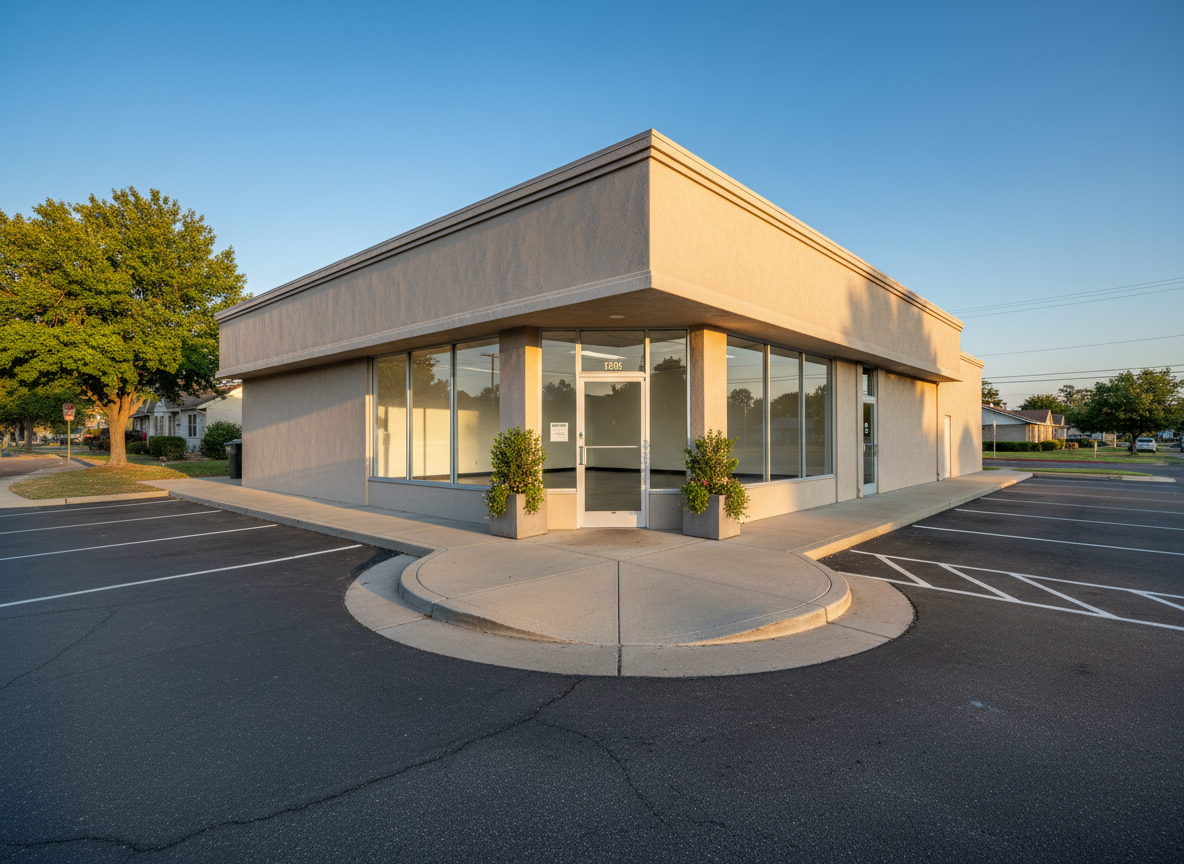 A small commercial building exterior, such as a corner retail unit, shown perfectly maintained and market-ready: freshly cleaned neutral-colored stucco walls, spotless storefront windows, and a debris-free entry walkway bordered by well-kept planters. The parking area shows clearly visible, newly painted lines and no litter. Late afternoon golden-hour sunlight adds a warm glow, with elongated shadows enhancing architectural lines. Captured from a slightly wide, three-quarter angle, the composition includes the full façade and a hint of surrounding context, with sharp focus and photographic realism. The mood is professional and welcoming, highlighting reliable property upkeep for businesses and rental properties.