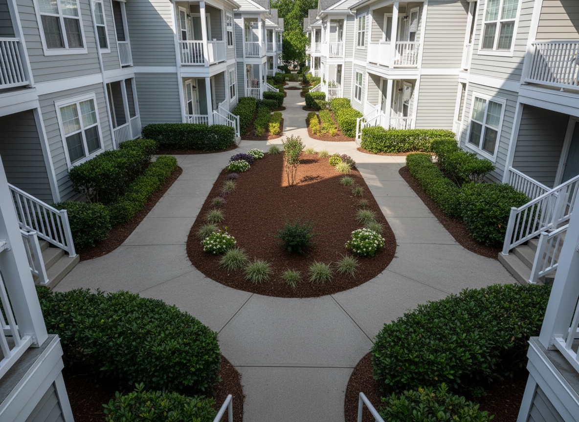 A tidy multi-unit property courtyard designed for HOAs or apartment complexes, featuring immaculate concrete walkways, trimmed hedges, and a central mulched planting bed free of leaves and debris. The building exteriors show uniform siding and clean stair rails, with no clutter on landings. Late morning natural light filters between buildings, creating alternating bands of light and shadow across the courtyard. Shot from an elevated balcony vantage point, the composition captures the organized layout with strong leading lines formed by the paths. The atmosphere is orderly and well-managed, reinforcing consistent exterior maintenance in a realistic, professional photographic style.