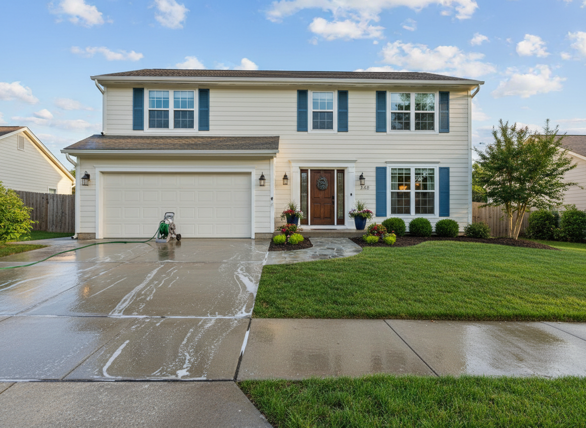 Bright, inviting suburban home exterior after a professional spring cleaning, featuring a freshly washed 2-car driveway, sidewalk, front walk path, entranceway, and curb, on a sunny day, realistic photography style
